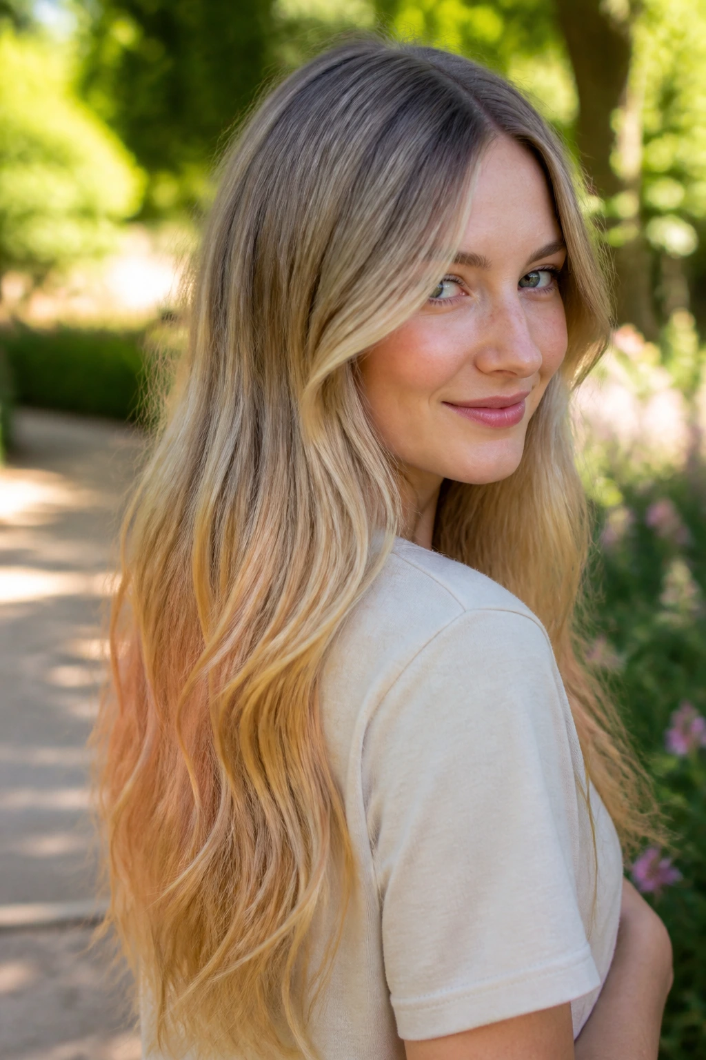Close-up of long hair with beige-to-biscuit ombre