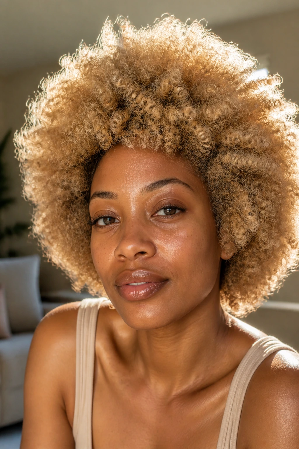 Close-up of a beige blonde afro on a real person with natural window light