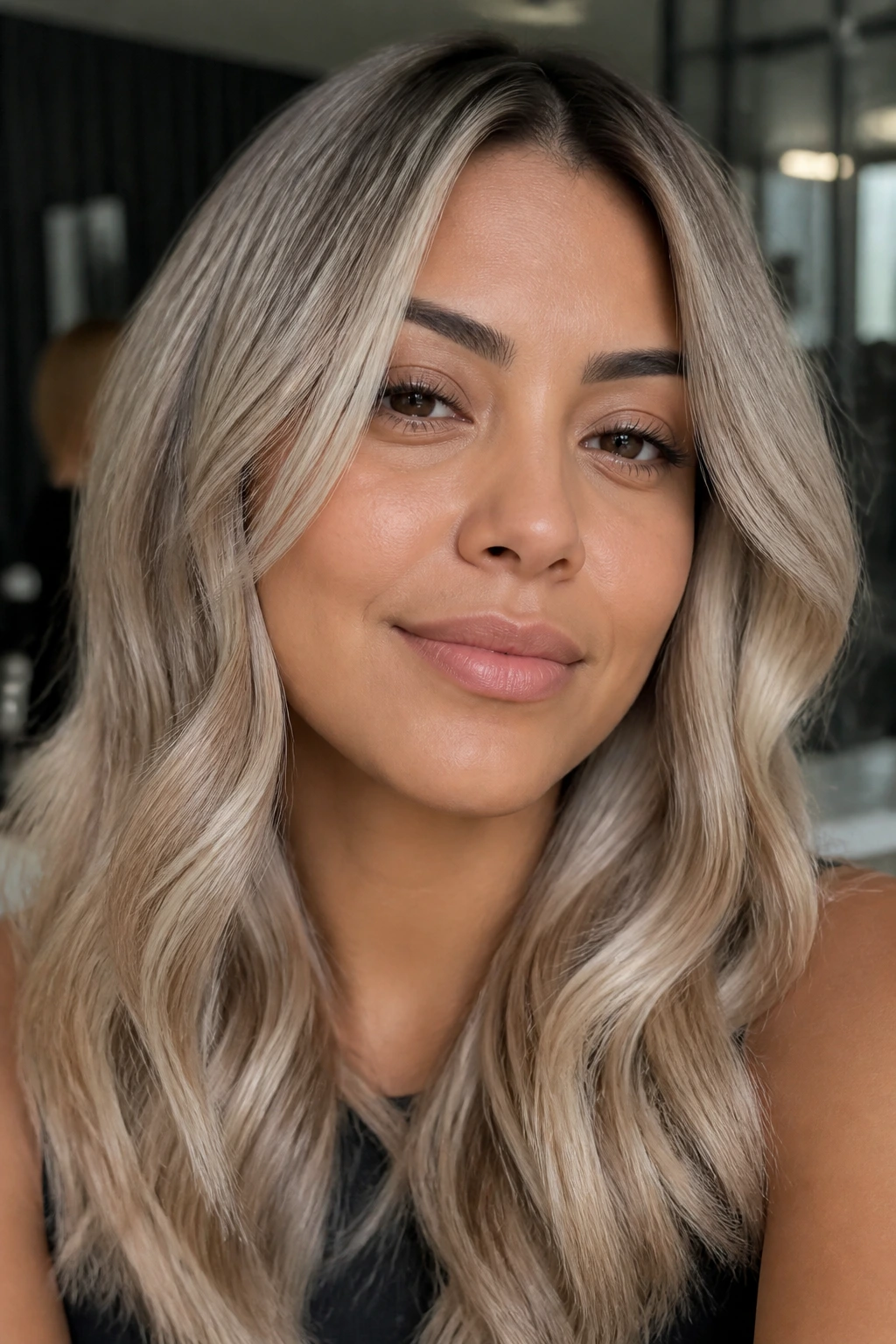 Close-up portrait of a woman with medium skin and ash-beige blonde hair