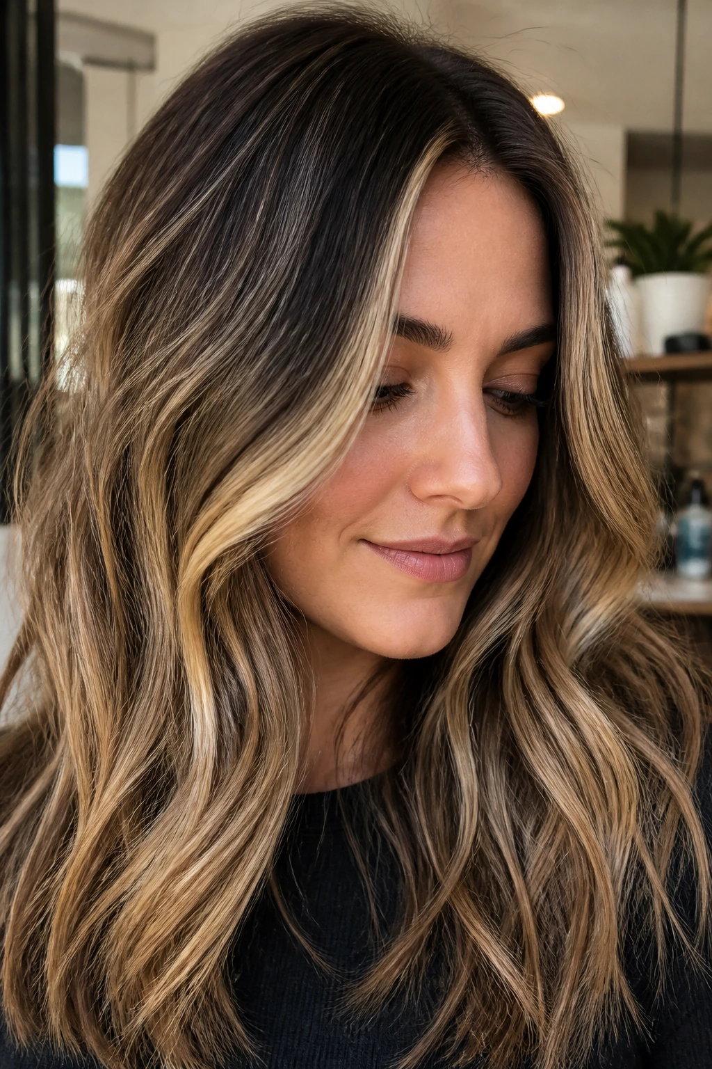 Beige blonde babylights on brunette close-up portrait