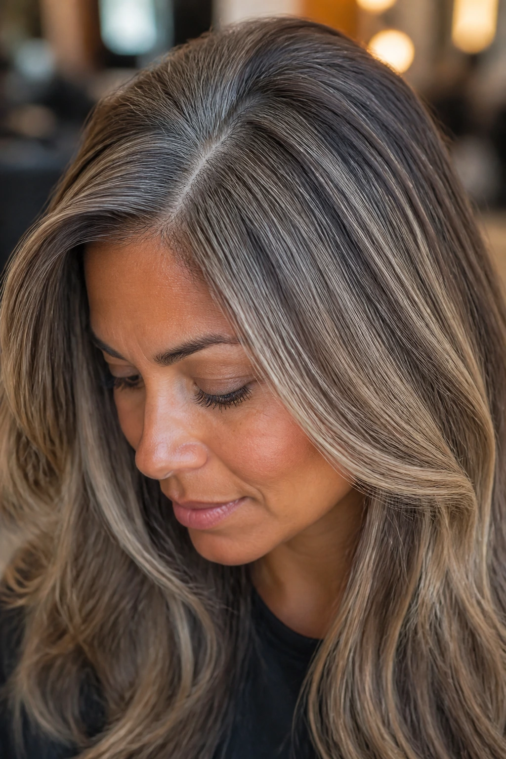 Close-up of thick hair with beige blonde babylights on tan skin.