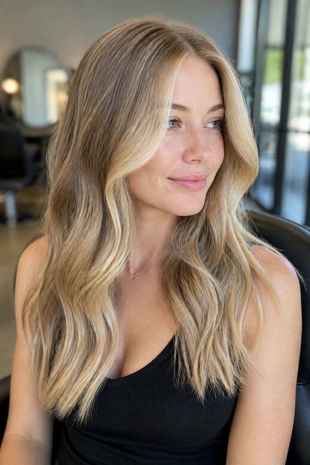 Medium close-up of beige blonde balayage with face-framing brightness on a real person