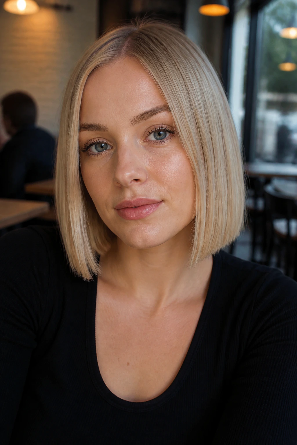 Portrait of a woman with a beige blonde blunt bob in a cafe setting