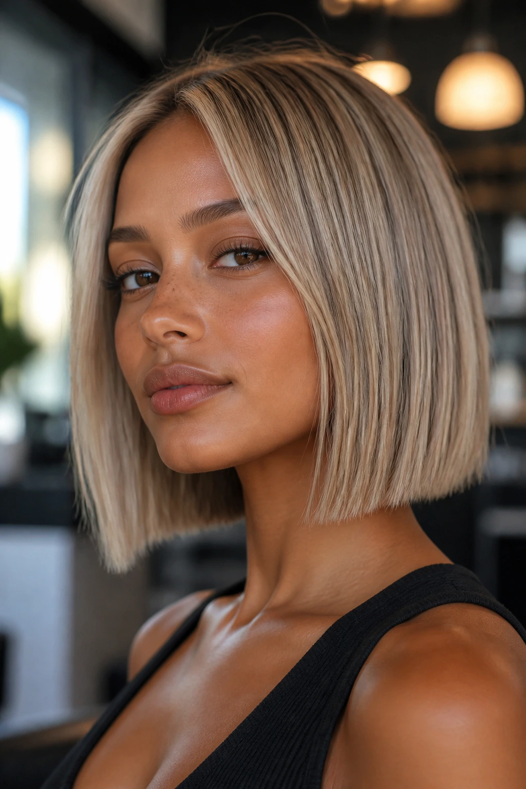 Close-up of a real woman with beige blonde blunt bob in a salon, showcasing the hairstyle shape.