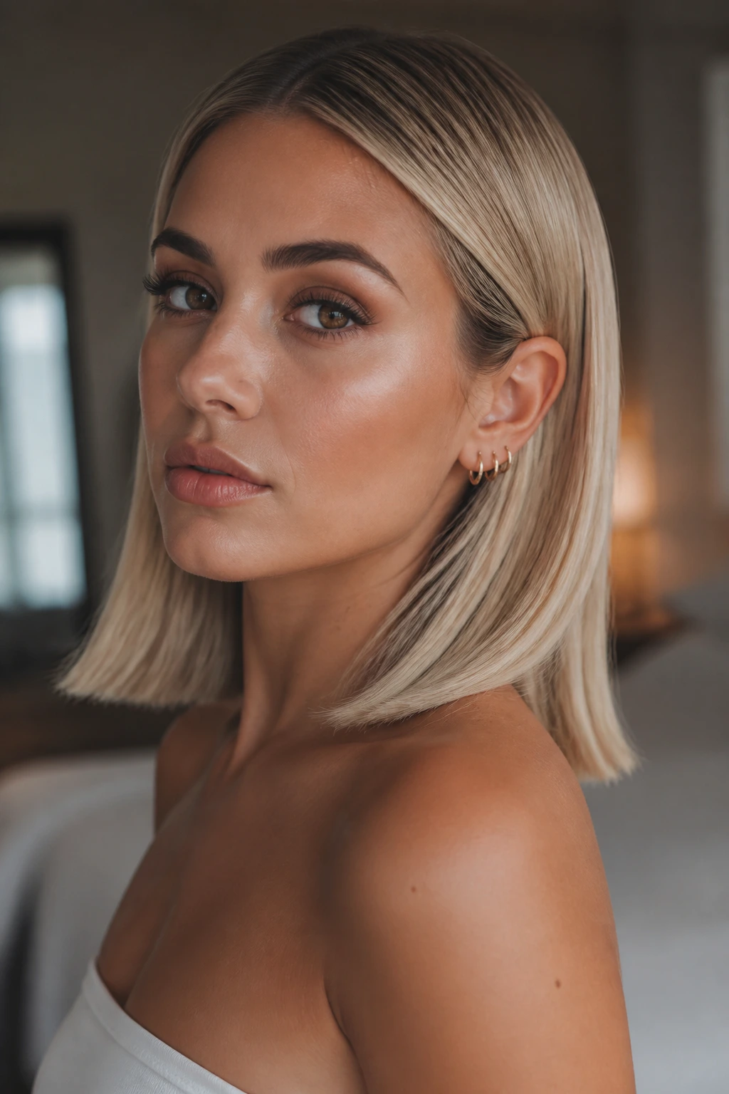 Close-up of person with blunt collarbone-cut platinum blonde with beige toner