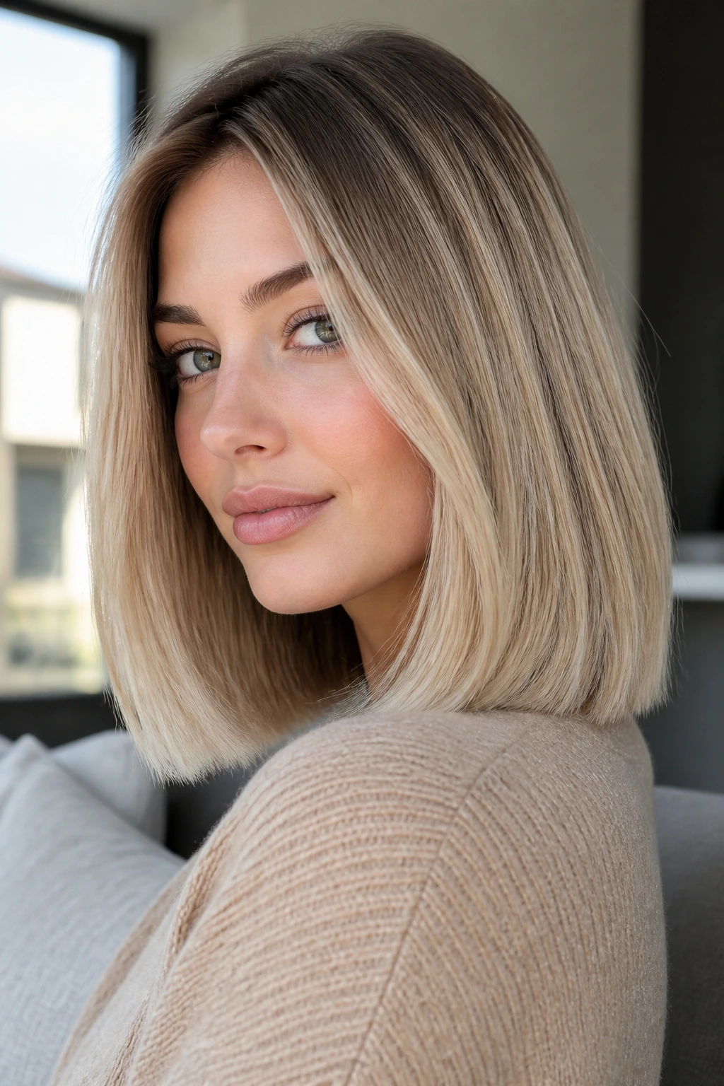 Close-up portrait of a real woman with beige blonde blunt lob and smoked brown shadow root