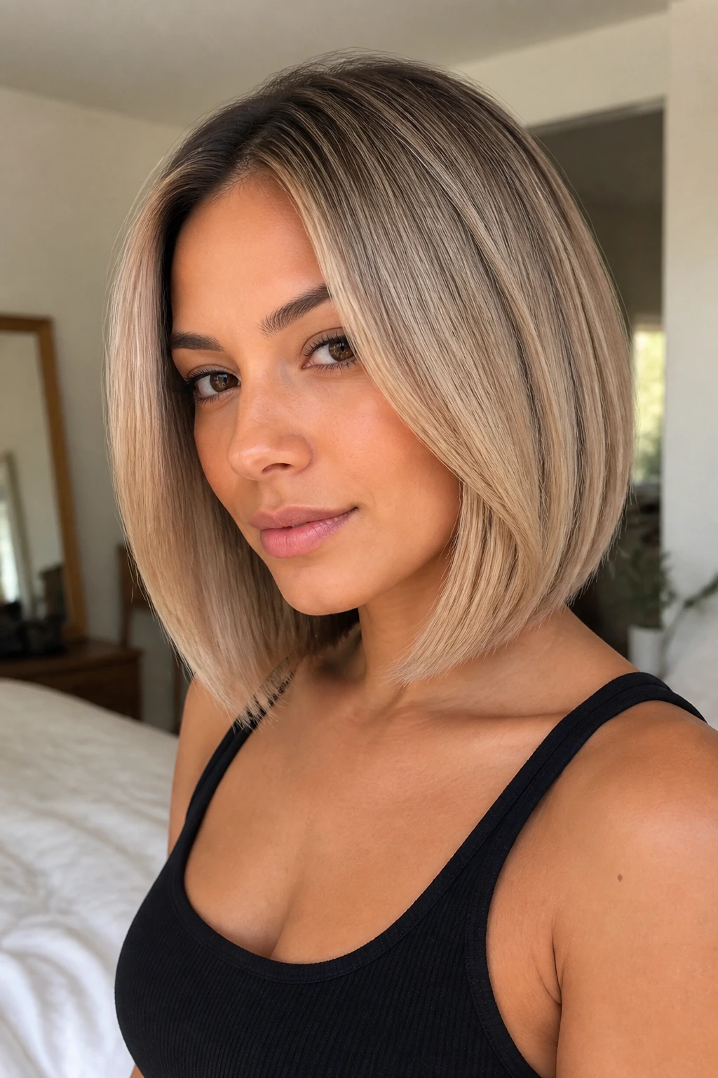Close-up portrait of a real woman with beige blonde A-line bob hairstyle in warm window light