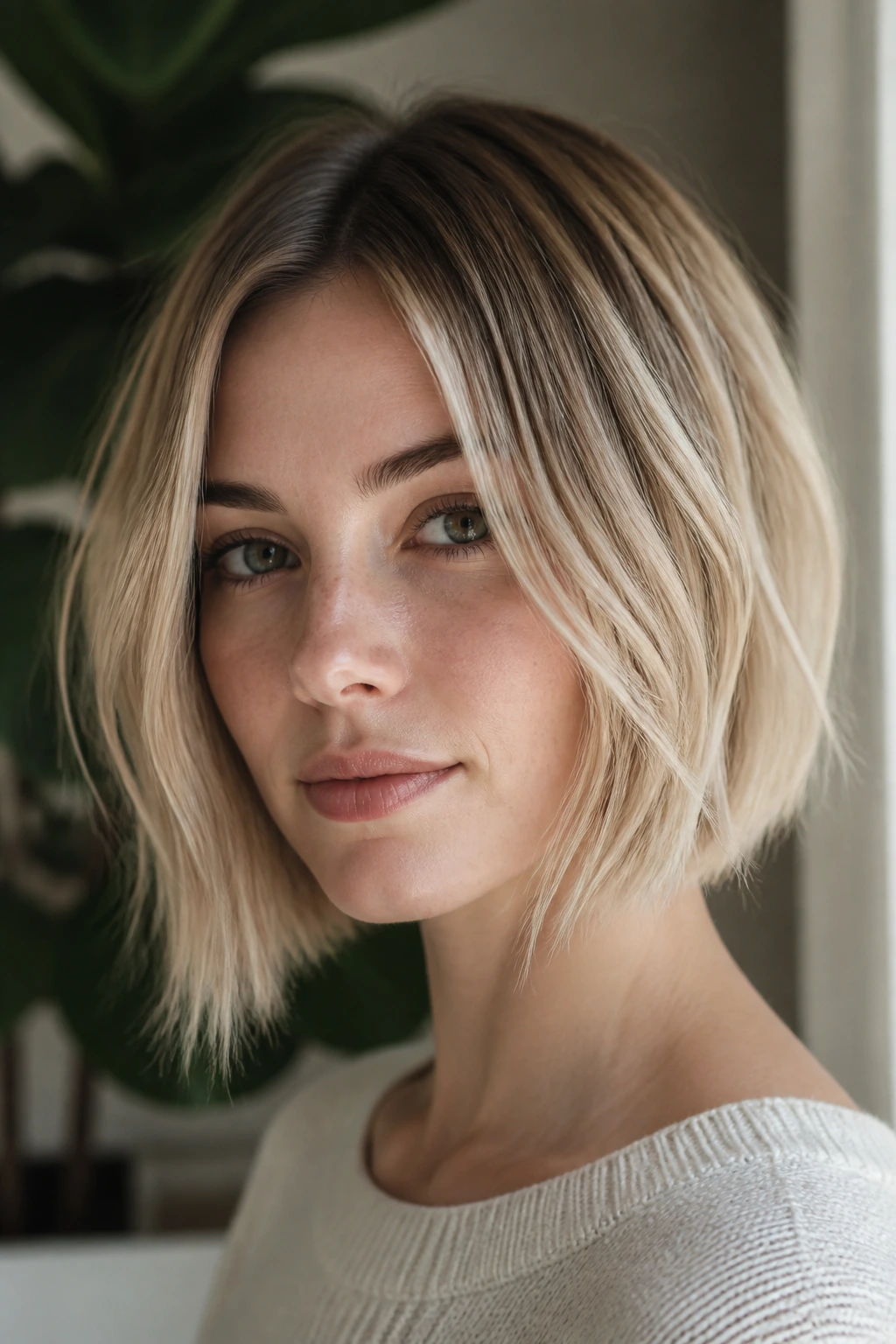 Close-up portrait of a person with beige blonde bob and shadow root.