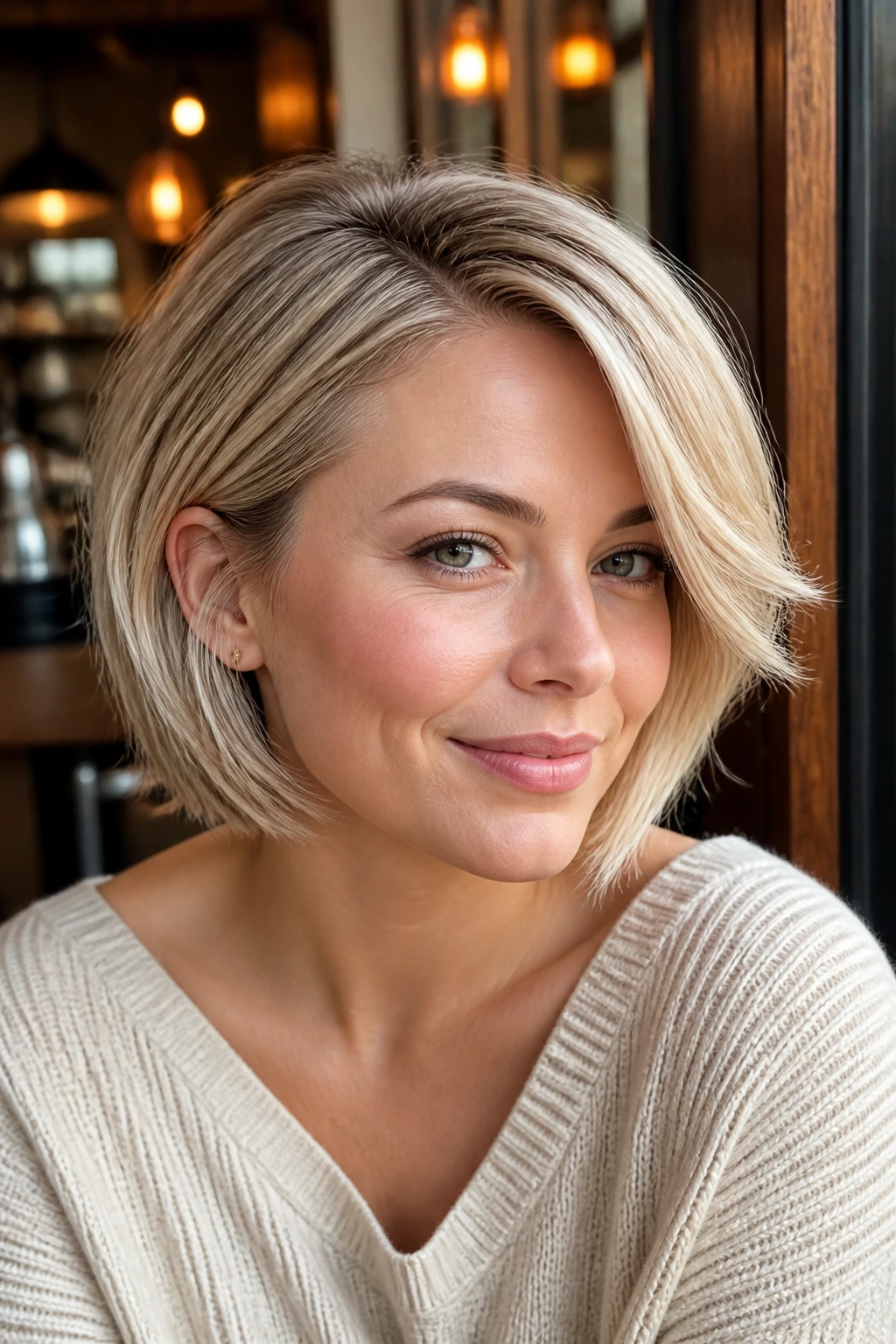 Close-up of a woman with beige blonde side-swept chin-length bob.