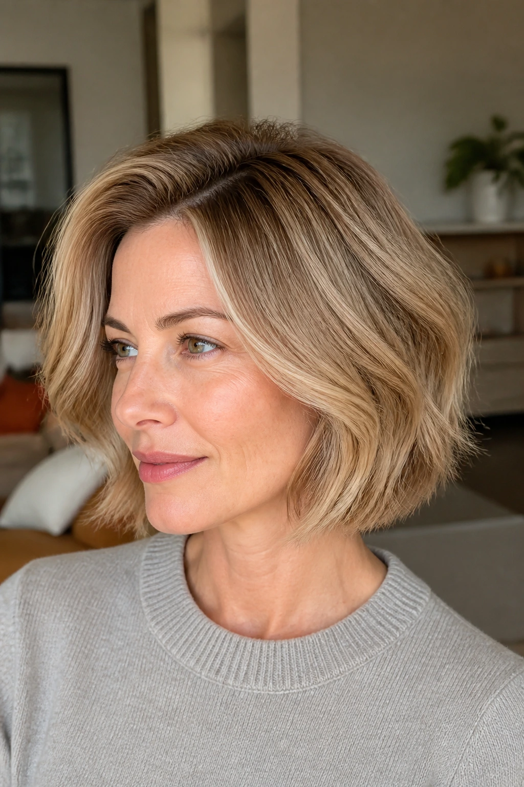 Real woman with warm beige blonde bob and soft volume in a softly lit living room.