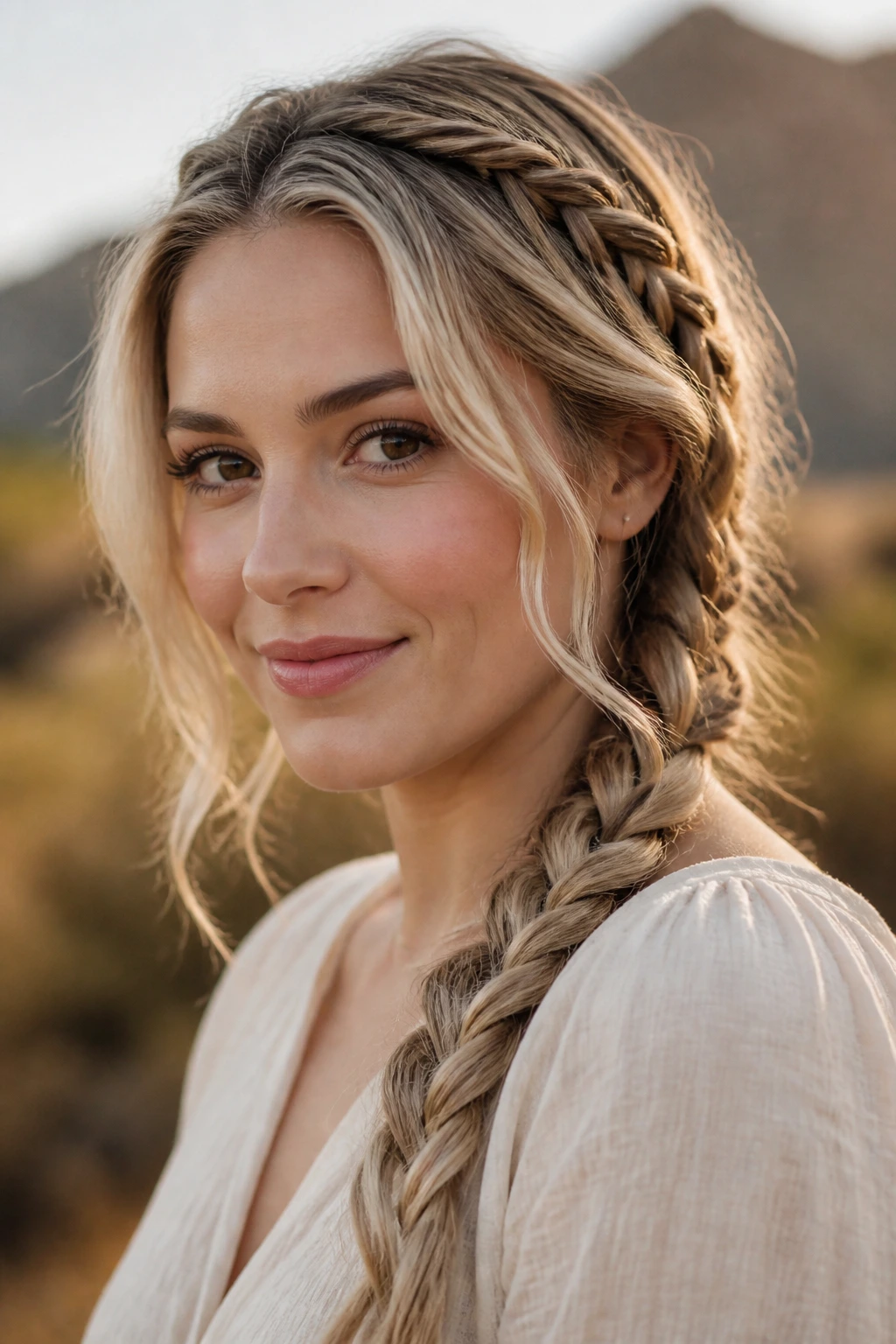 Portrait of a woman with braided lengths in beige blonde tones