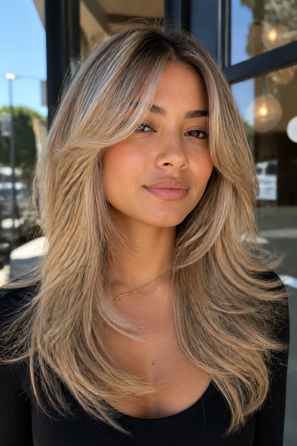 Close-up portrait of a real woman with beige blonde butterfly cut and face-framing layers