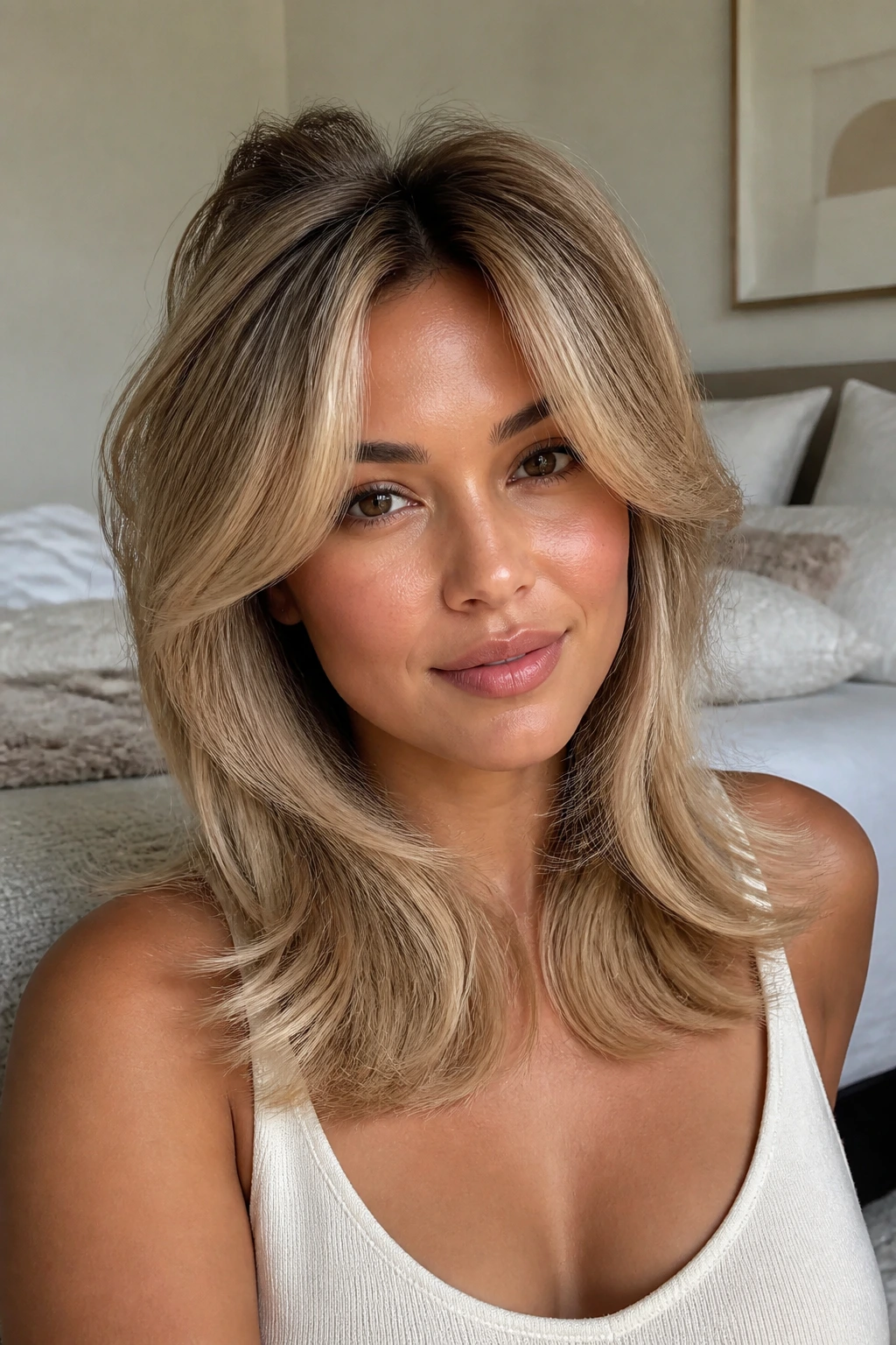 Close-up of a real woman with a beige blonde butterfly cut and airy face-framing layers.
