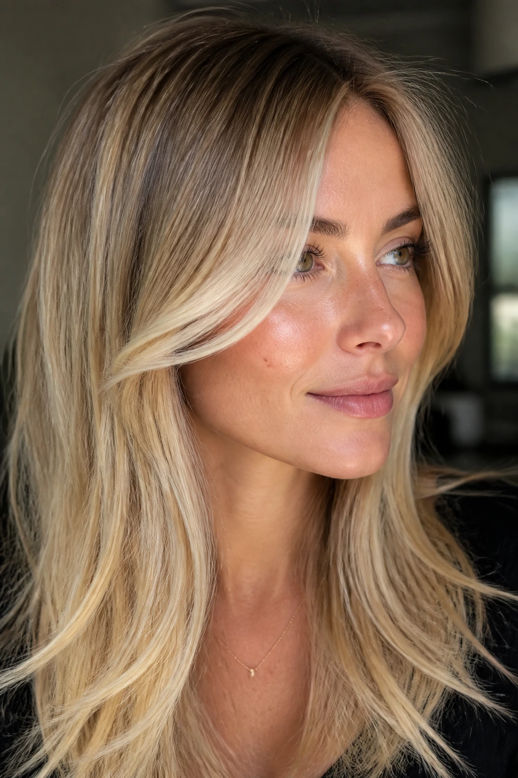 Close-up portrait showing beige blonde face frames starting at the cheekbone