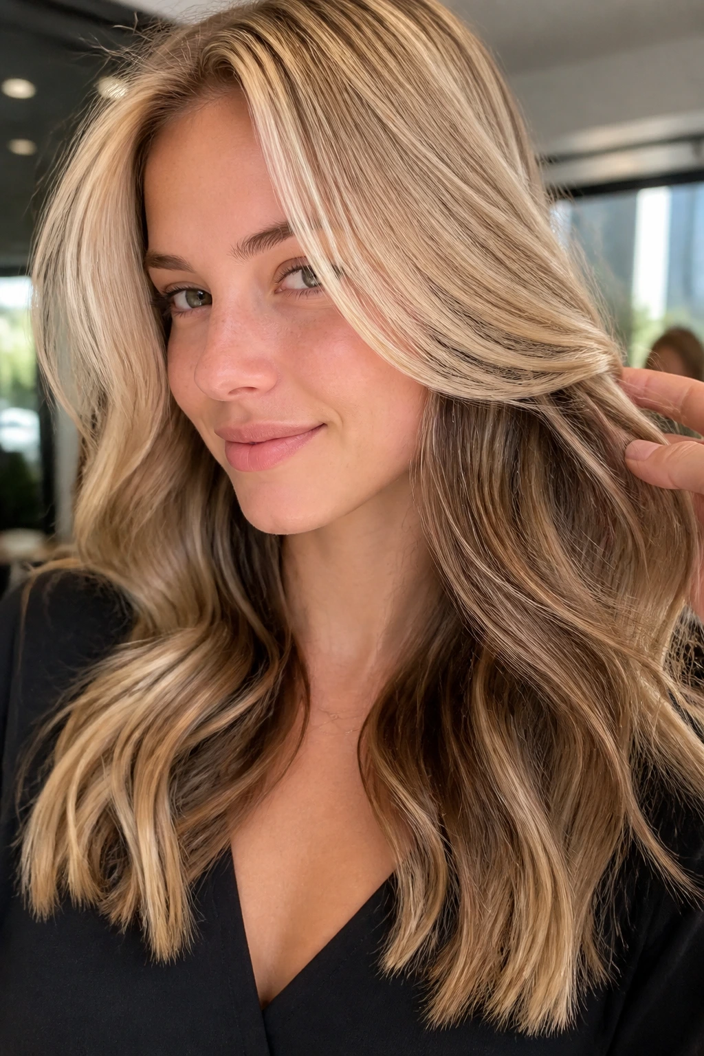 Close-up of beige blonde hair with chestnut underpainting on a real person