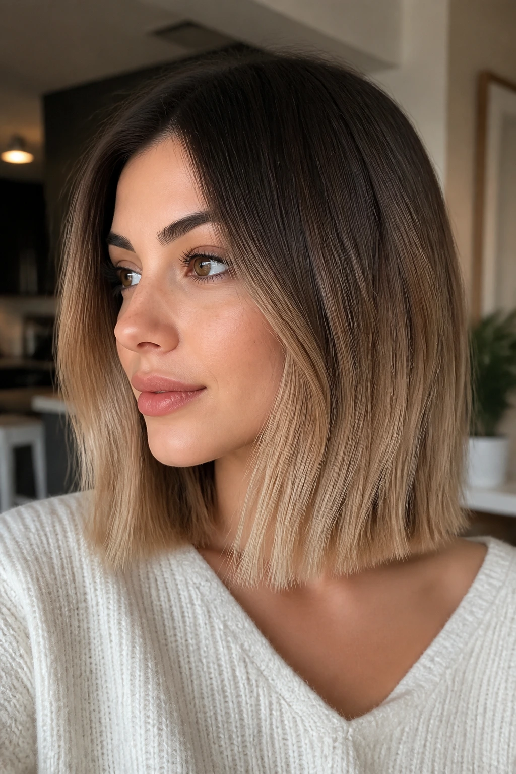 Medium close-up of a real woman with beige blonde ends on a blunt collarbone cut