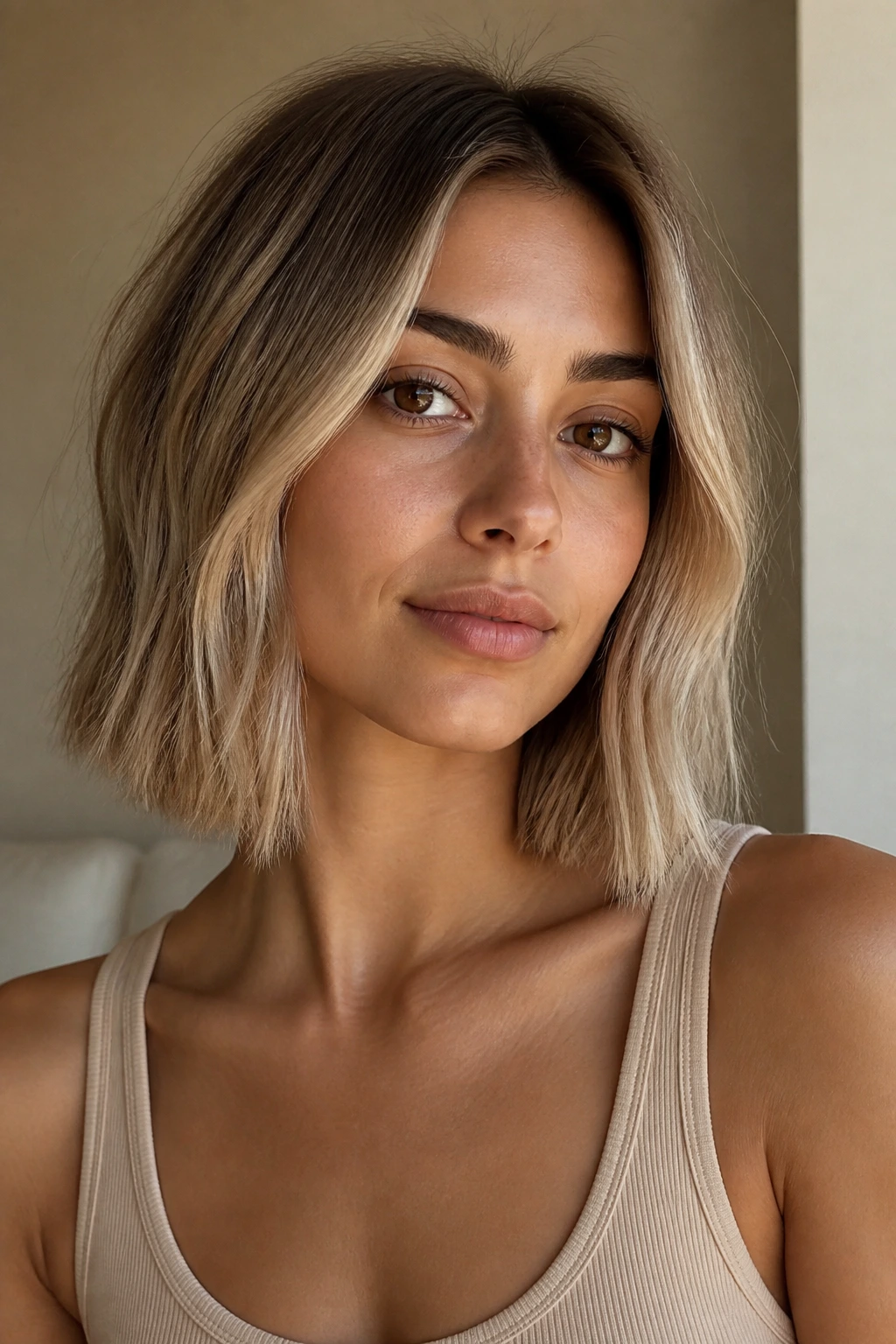 Portrait of a person with olive skin and brown eyes sporting a beige blonde collarbone-length lob