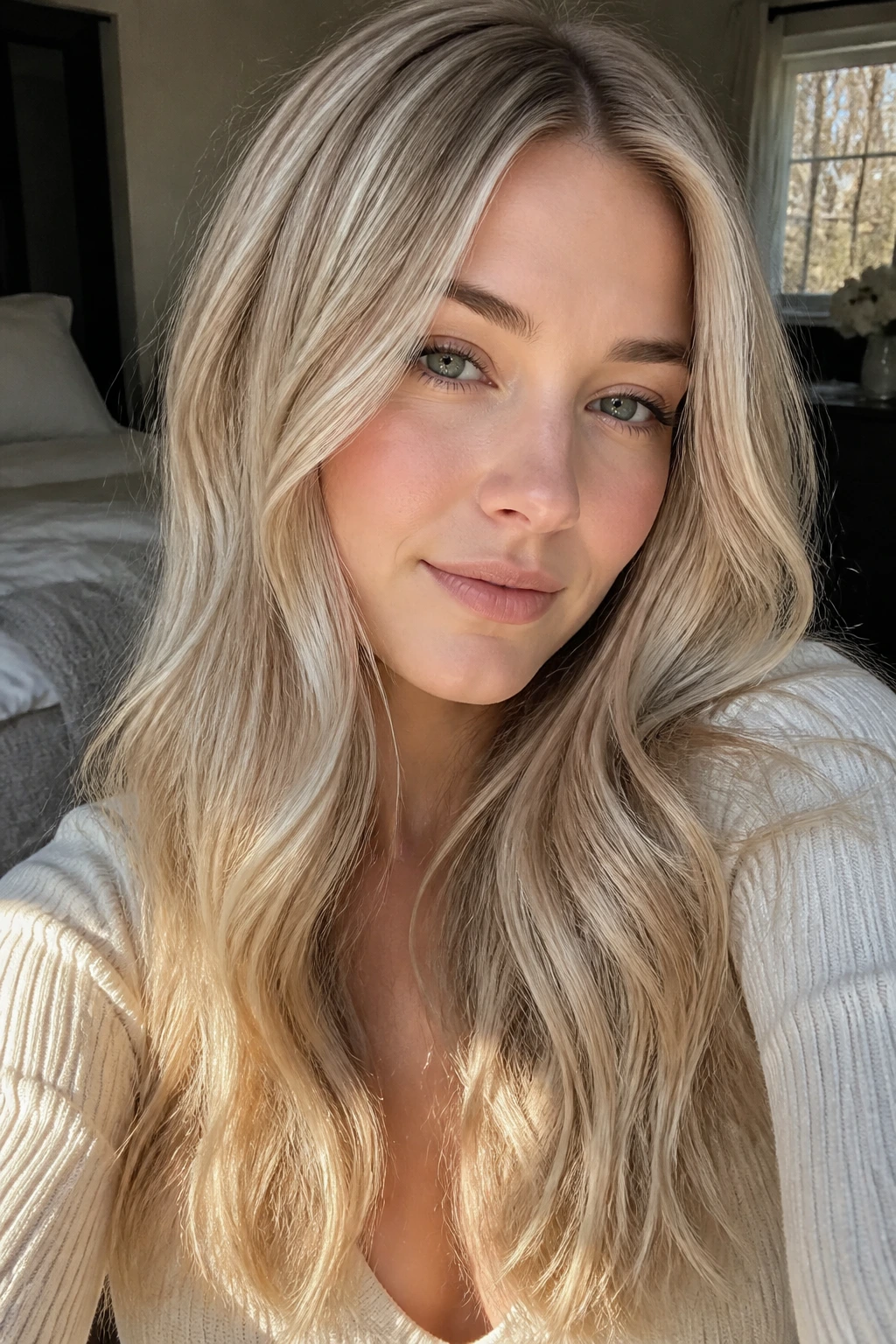 Close-up portrait of a woman with beige blonde hair flattering cool skin tones
