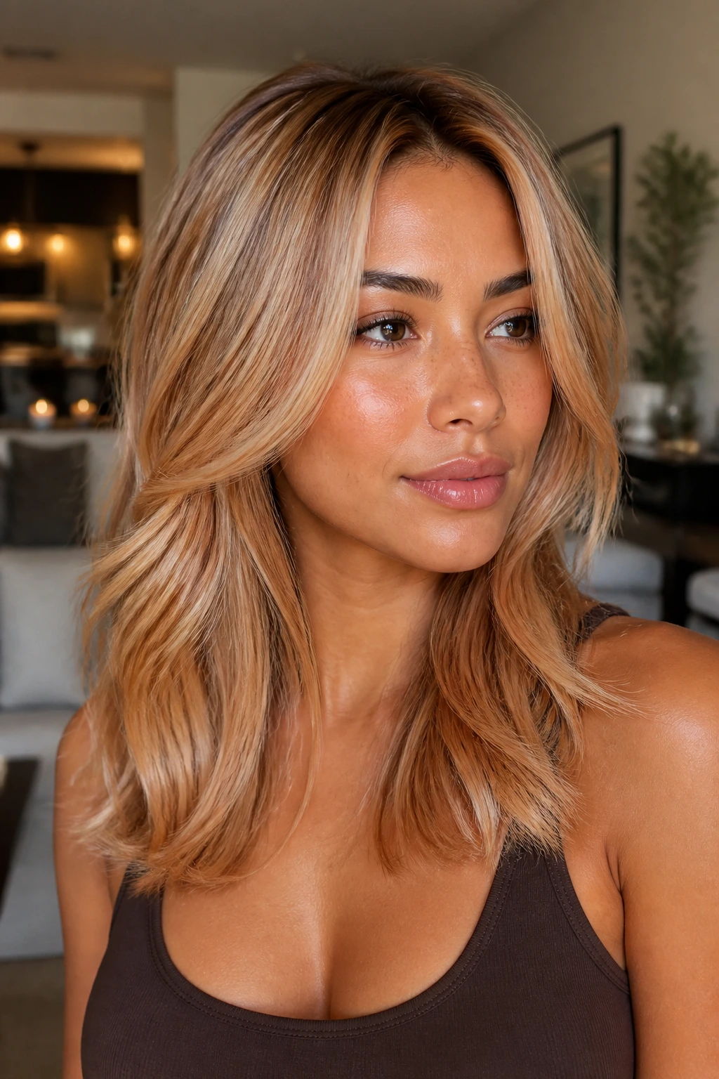 Close-up of beige blonde hair with soft copper lowlights on a real person.