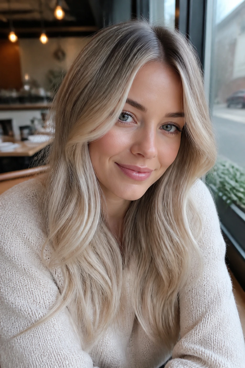 Close-up portrait of a real woman with creamy beige blonde hair and beige backbone in natural daylight.