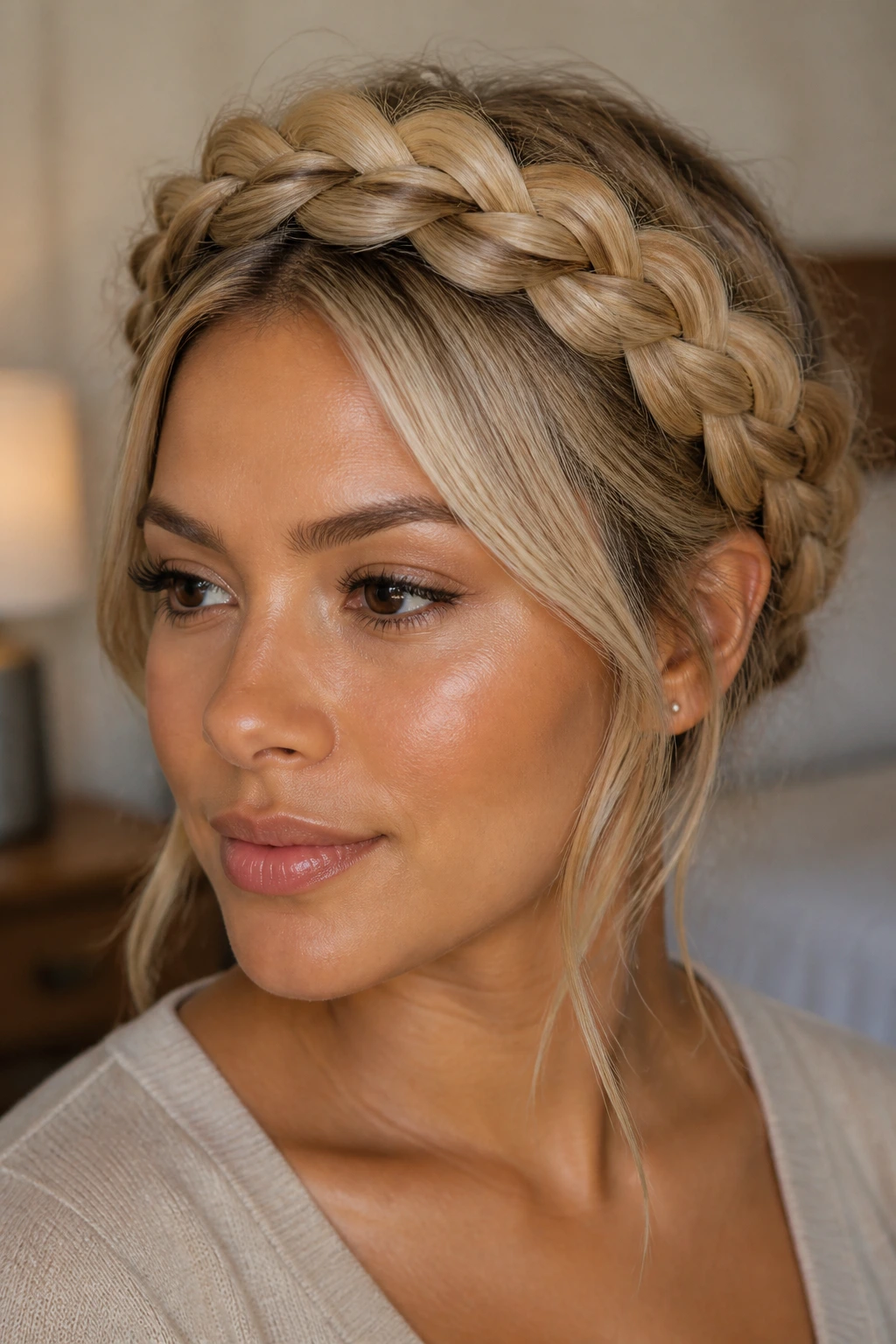 Close-up of a real woman with a beige blonde crown braid framing the face