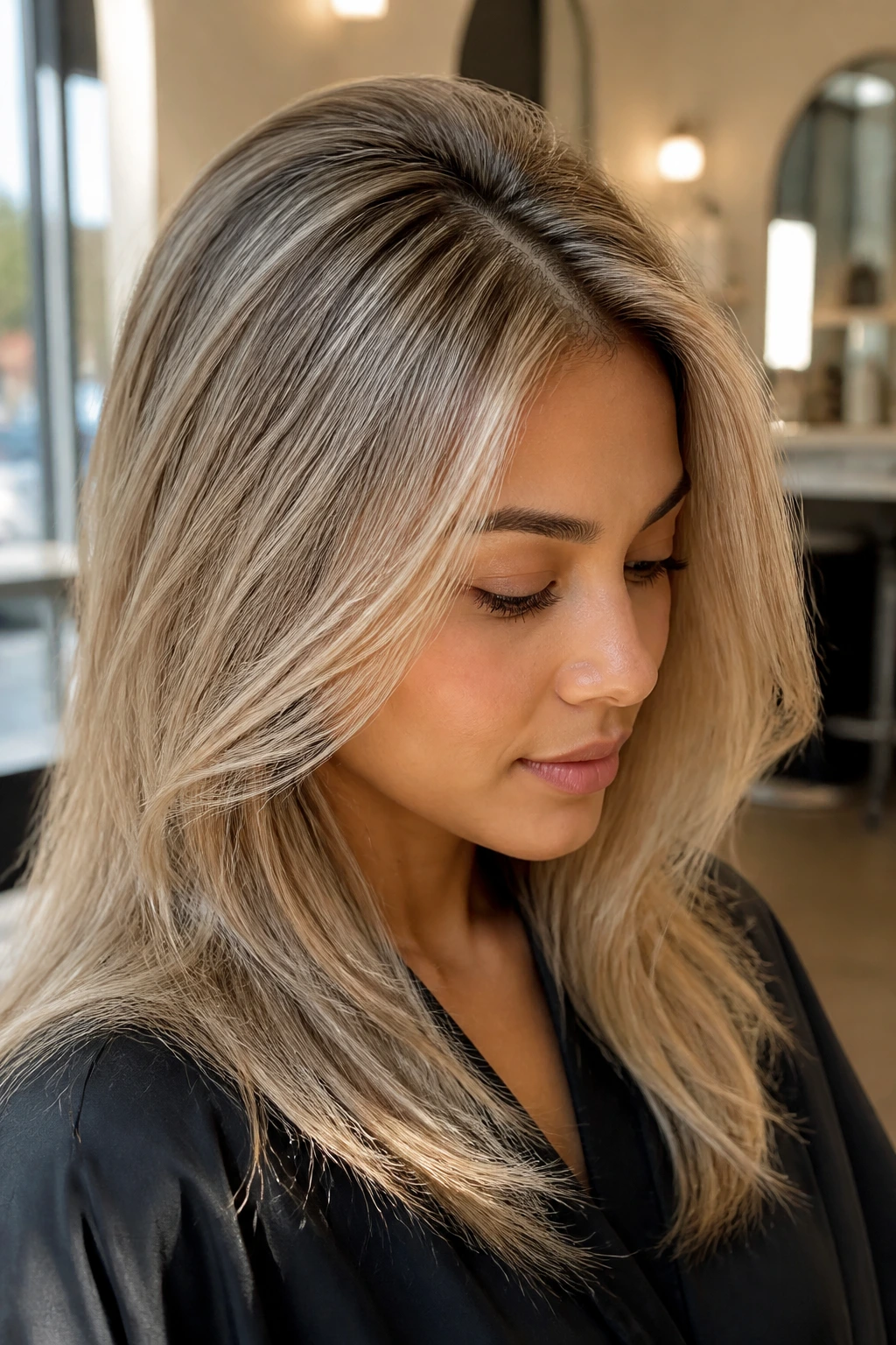Beige blonde airy weave around crown adds brightness on fine hair