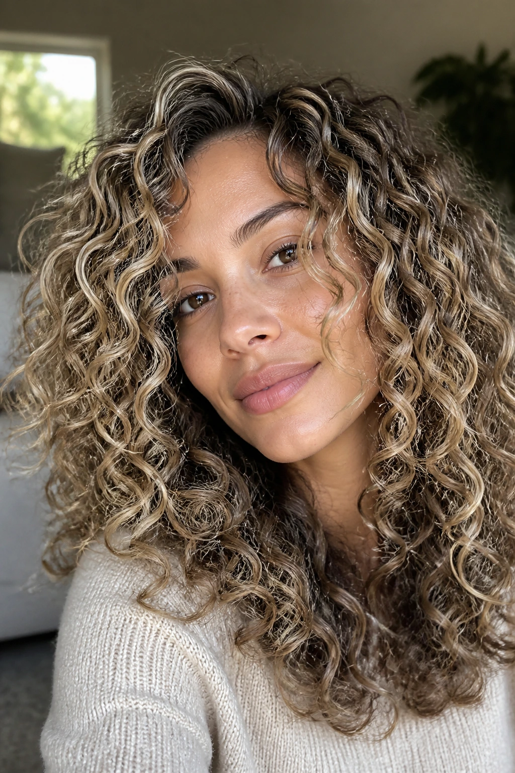 Close-up of curly hair with beige blonde highlights on a real person