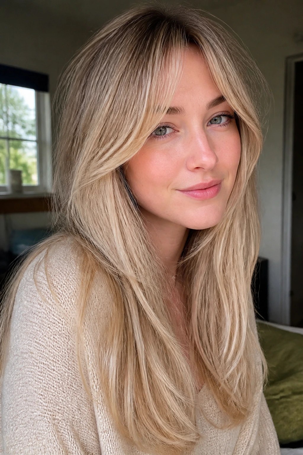 Portrait of beige blonde with curtain bangs framing the face in soft window light