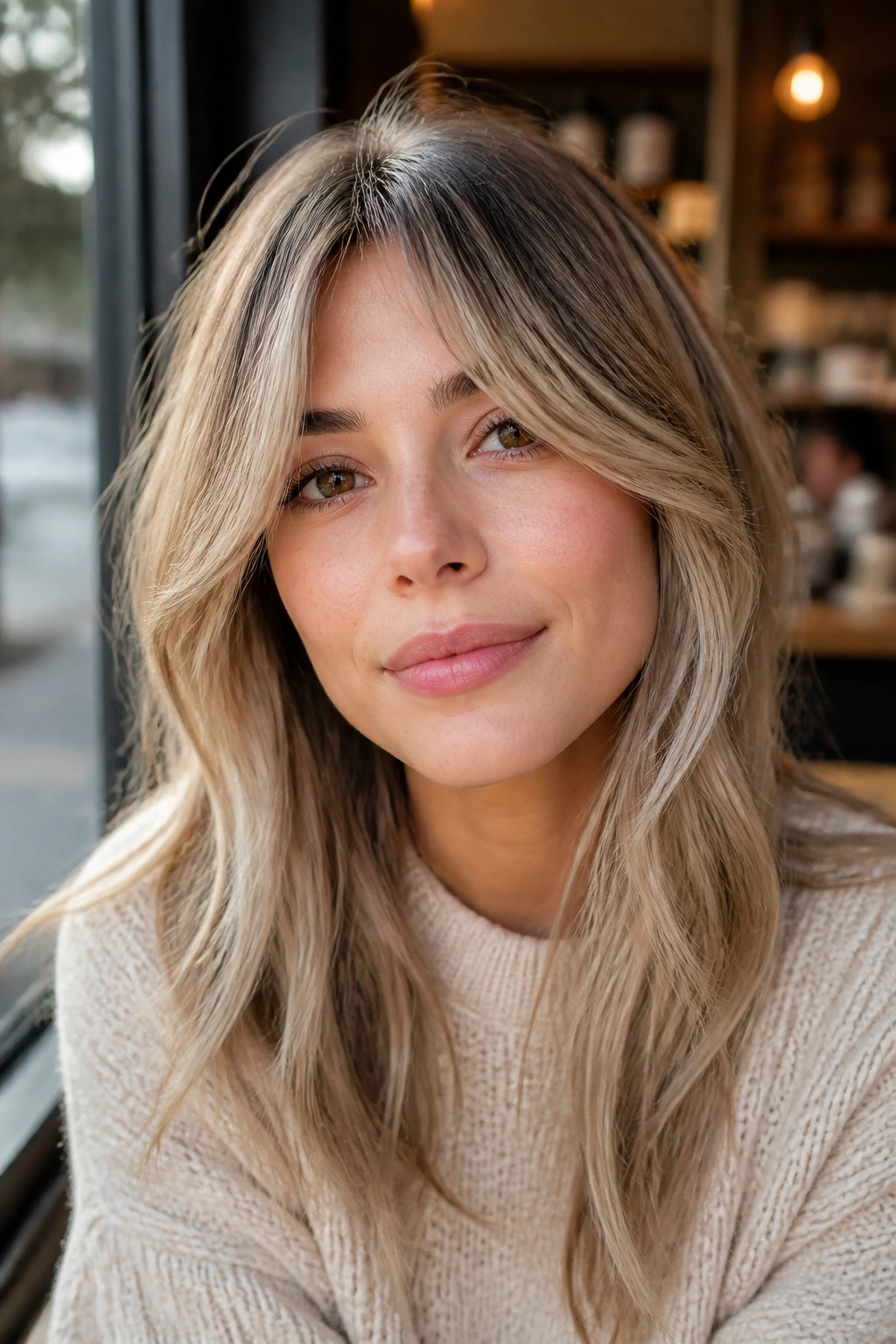 Close portrait of a woman with beige blonde curtain bangs in soft daylight
