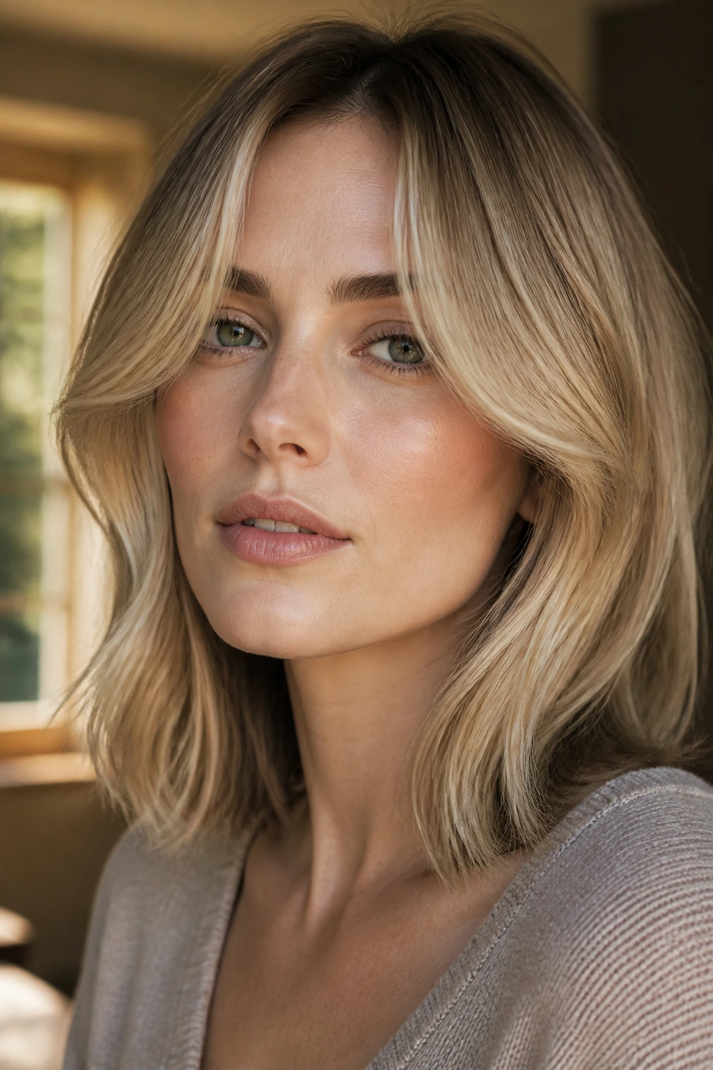 Portrait of a woman with beige blonde curtain-frame balayage around forehead
