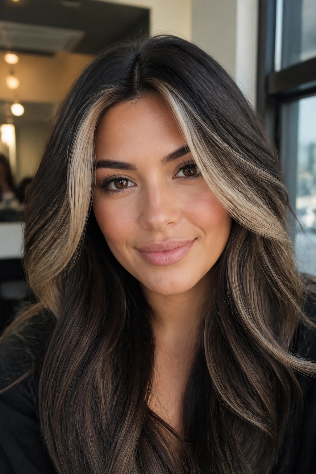 Close-up of beige blonde face frame on espresso hair on a real person in warm salon light