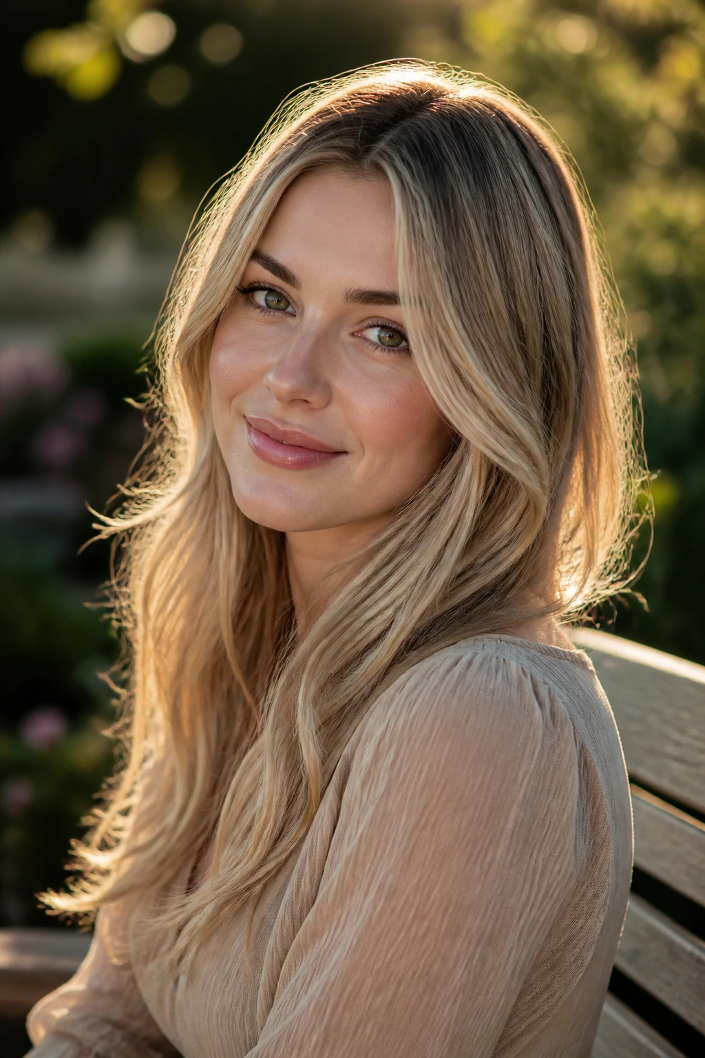 Woman with beige blonde face-framing hair in golden hour light