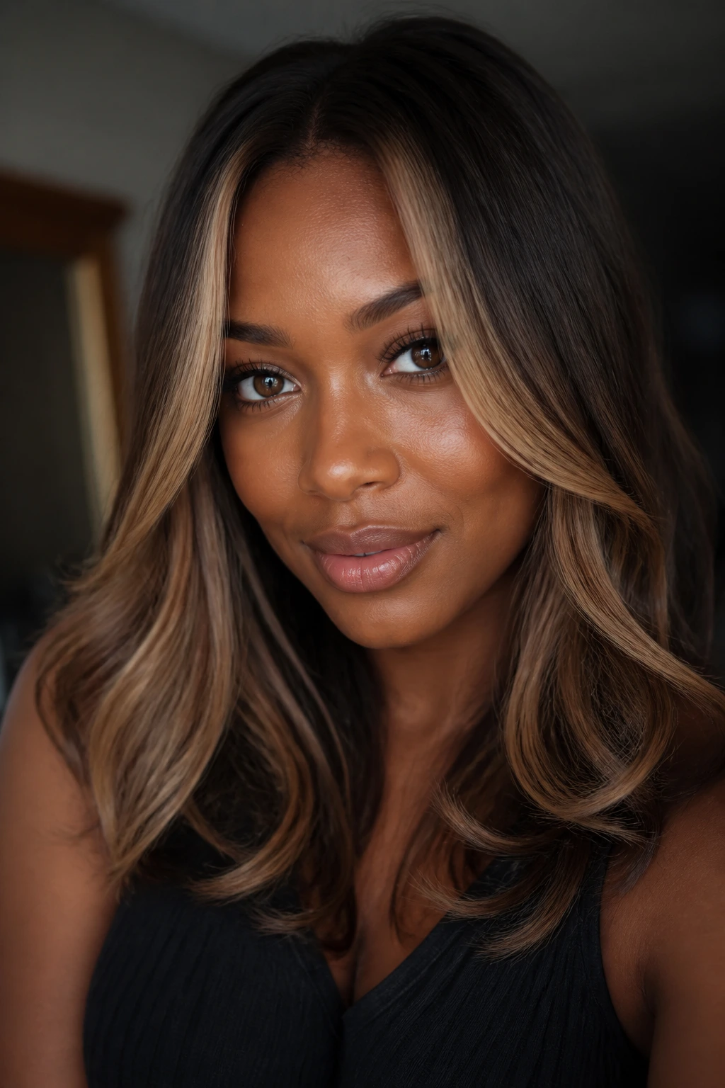 Close-up of a real person with beige blonde face-framing layers around the face.