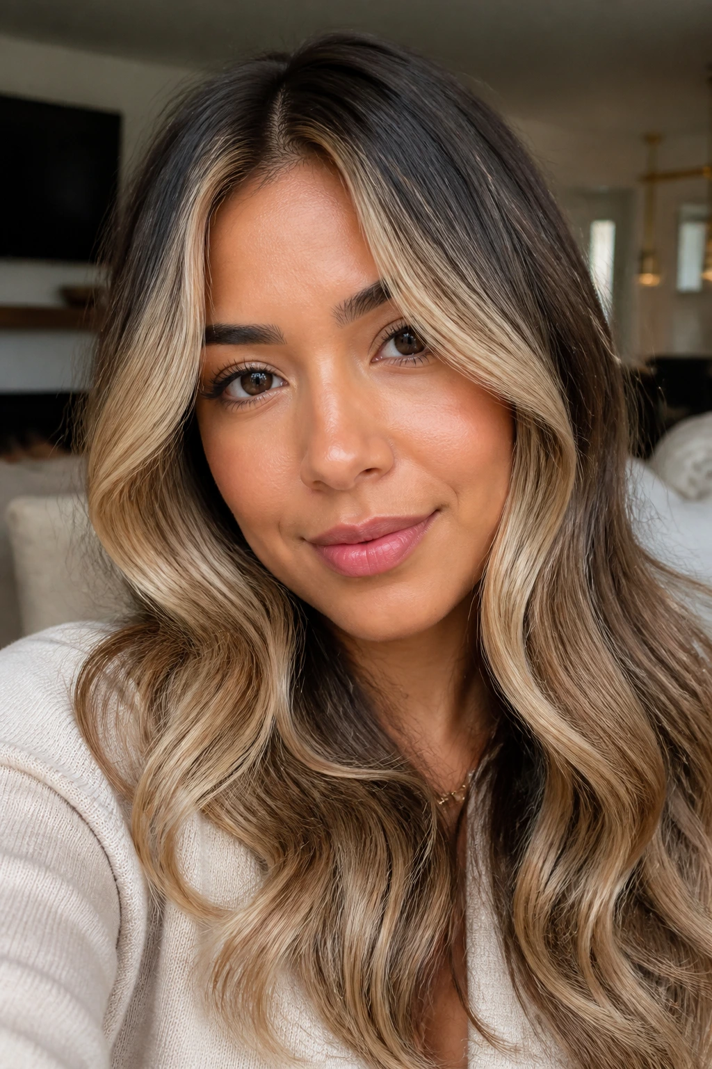 Woman with beige-blonde face-framing highlights around the front of her hair.