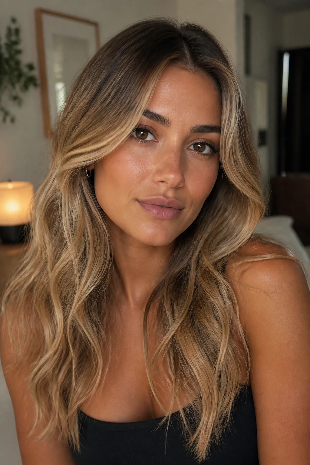 Real woman with balanced beige-blonde balayage enhancing brown eyes