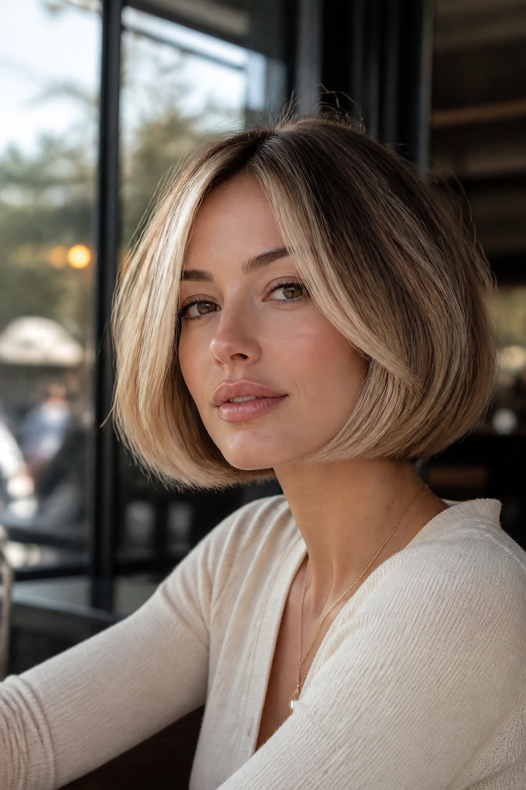 Close-up portrait of a real woman with beige blonde French bob and face-framing lighter pieces.