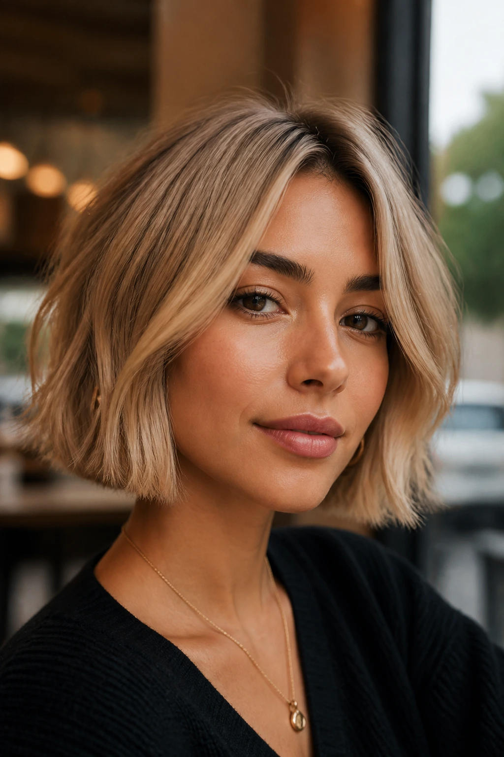 Close-up portrait of a woman with a beige blonde French bob in a sunlit cafe setting