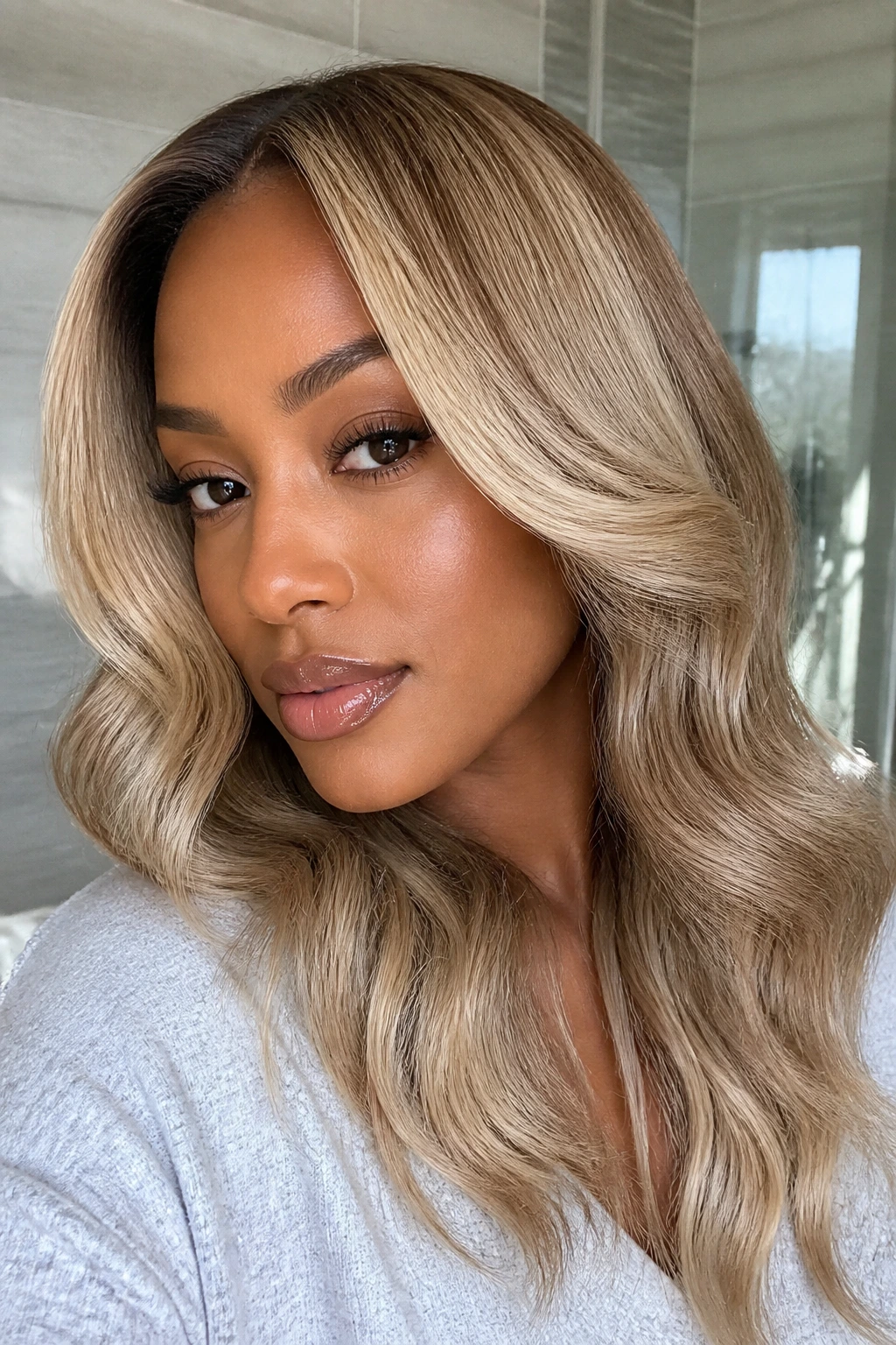 Close-up of a real woman with glossy beige-blonde hair