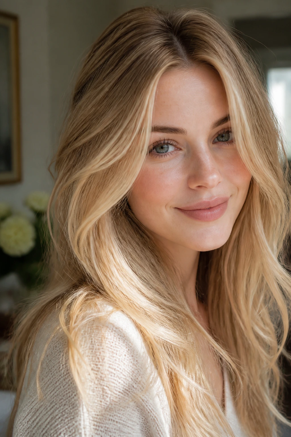 Close-up of a woman with beige-blonde hair showing gloss and face-frame highlights