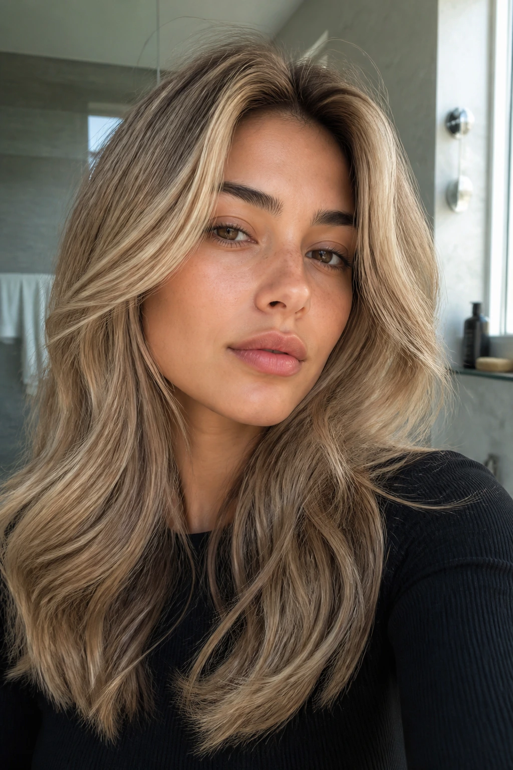 Close-up of beige blonde gloss hair on olive-toned skin