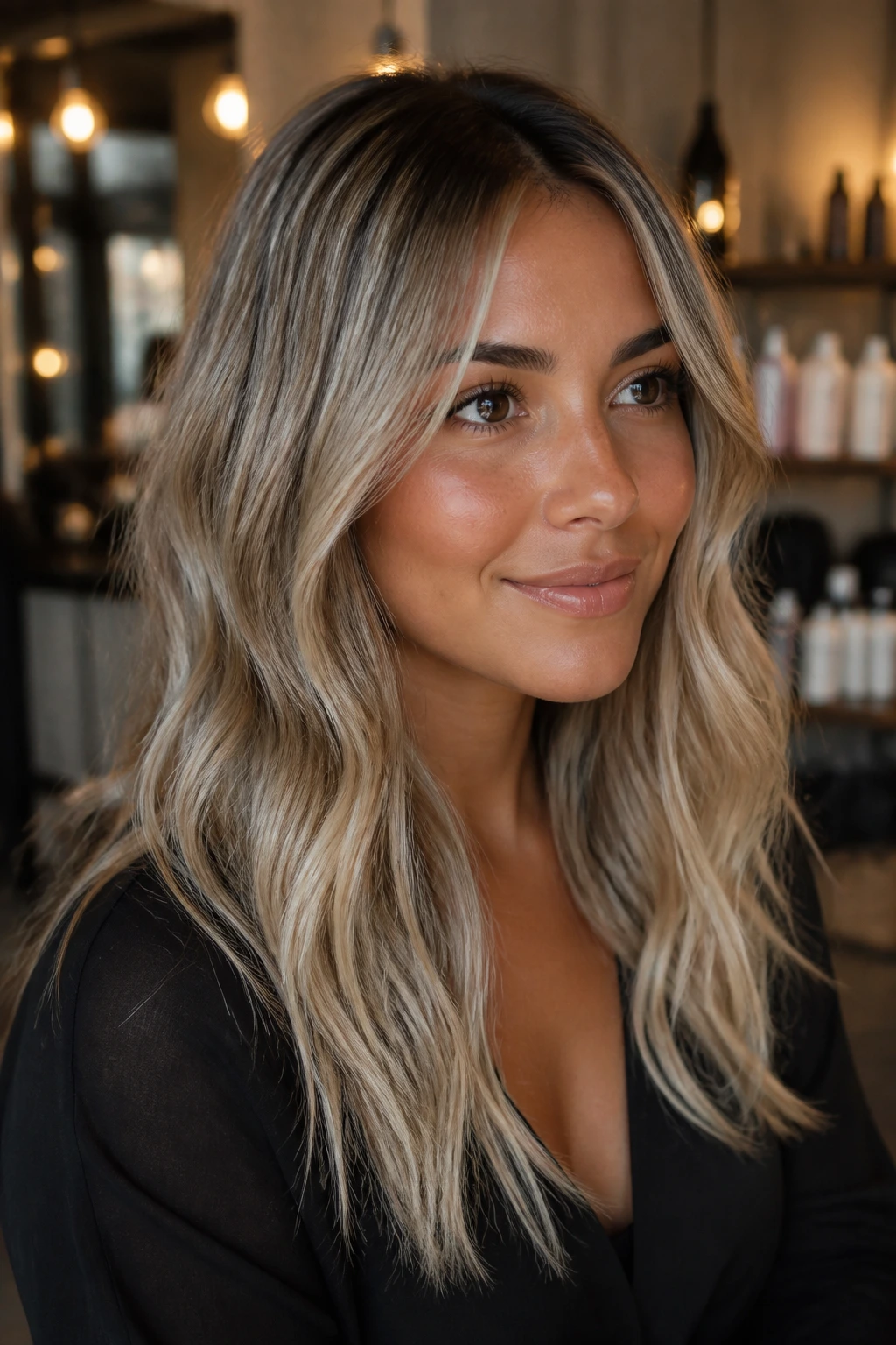 Close-up of real woman with beige blonde hair in a salon, glossy tone.