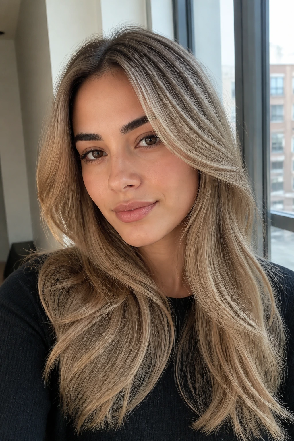 Close-up of creamy beige blonde hair with subtle lowlights on a real woman in daylight