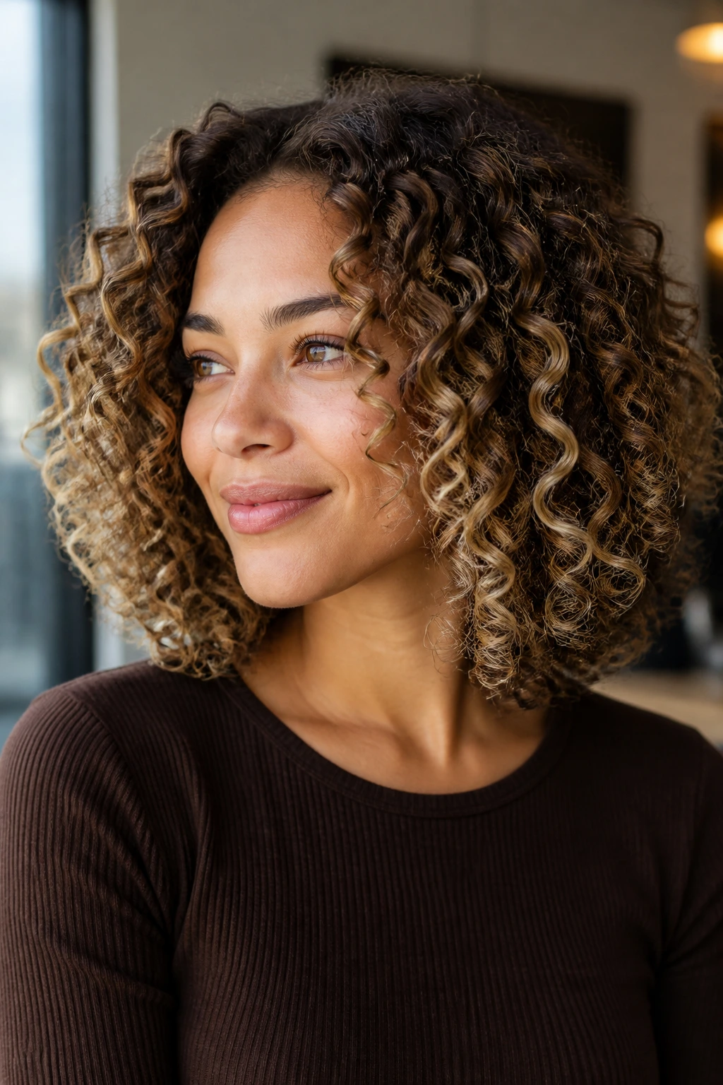 Portrait of a real person with shoulder-length curls showing beige-blonde halo lights around the perimeter.