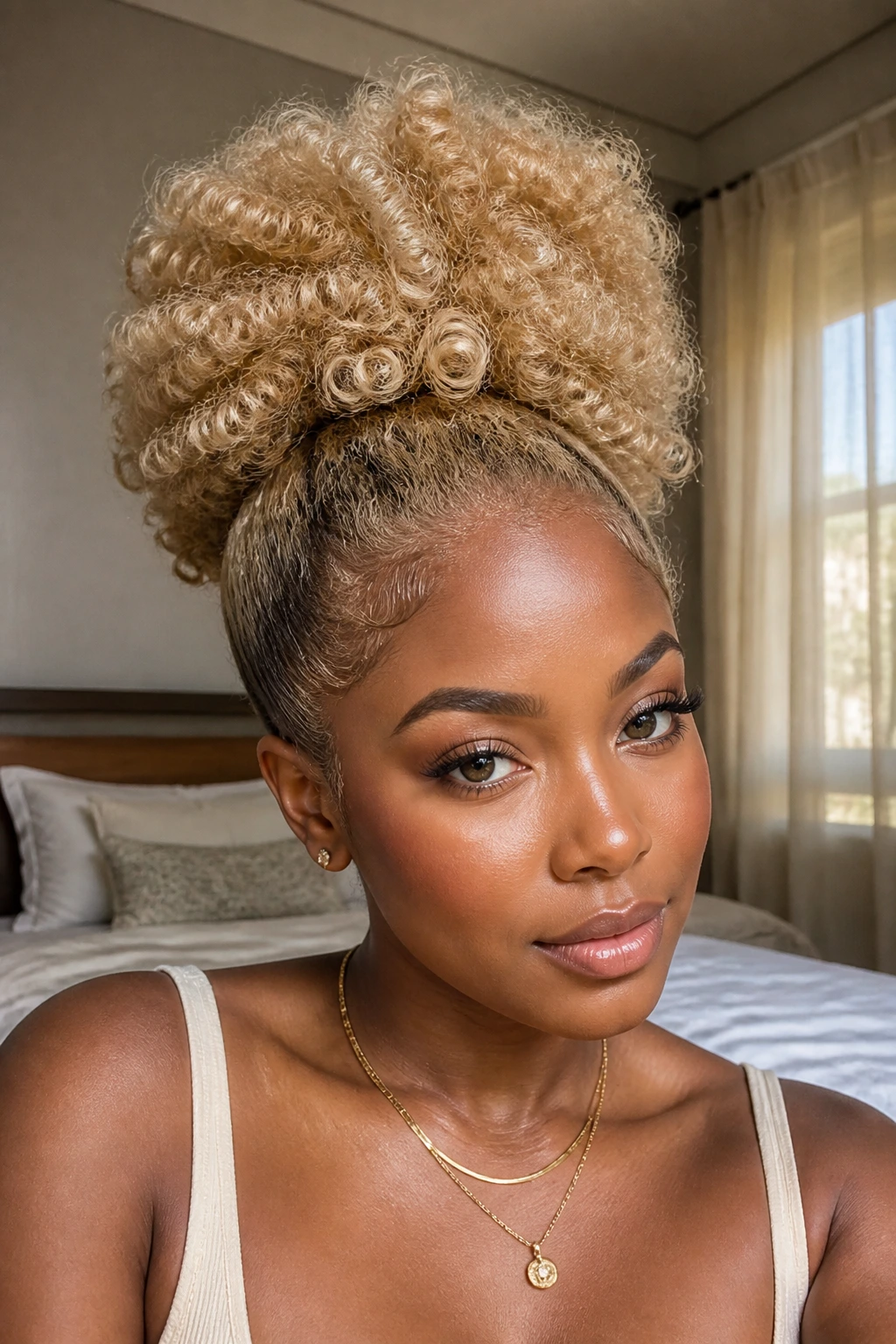 Close-up of a real woman with beige blonde high puff hairstyle