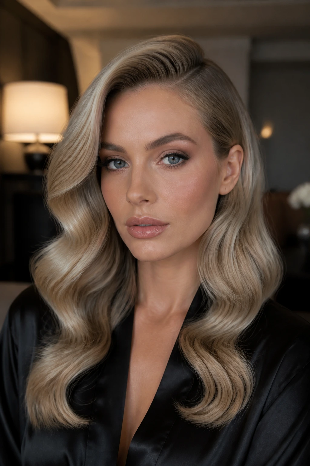 Close-up of a real woman with Hollywood waves in cool beige blonde under soft hotel dressing room lighting