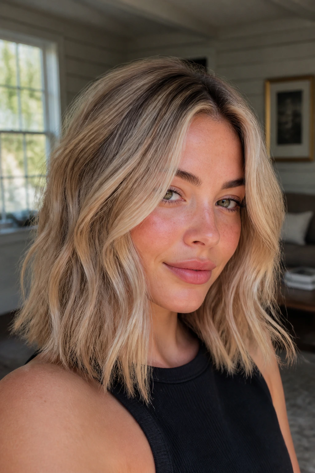 Close-up of a real woman with beige blonde lob and long curtain pieces framing cheeks