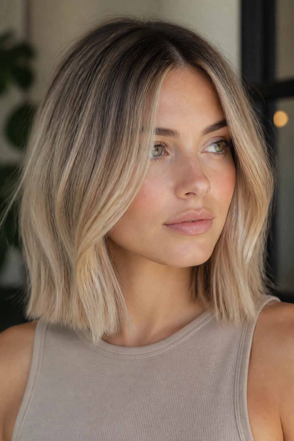 Portrait of a woman with beige blonde lob and shadow root.