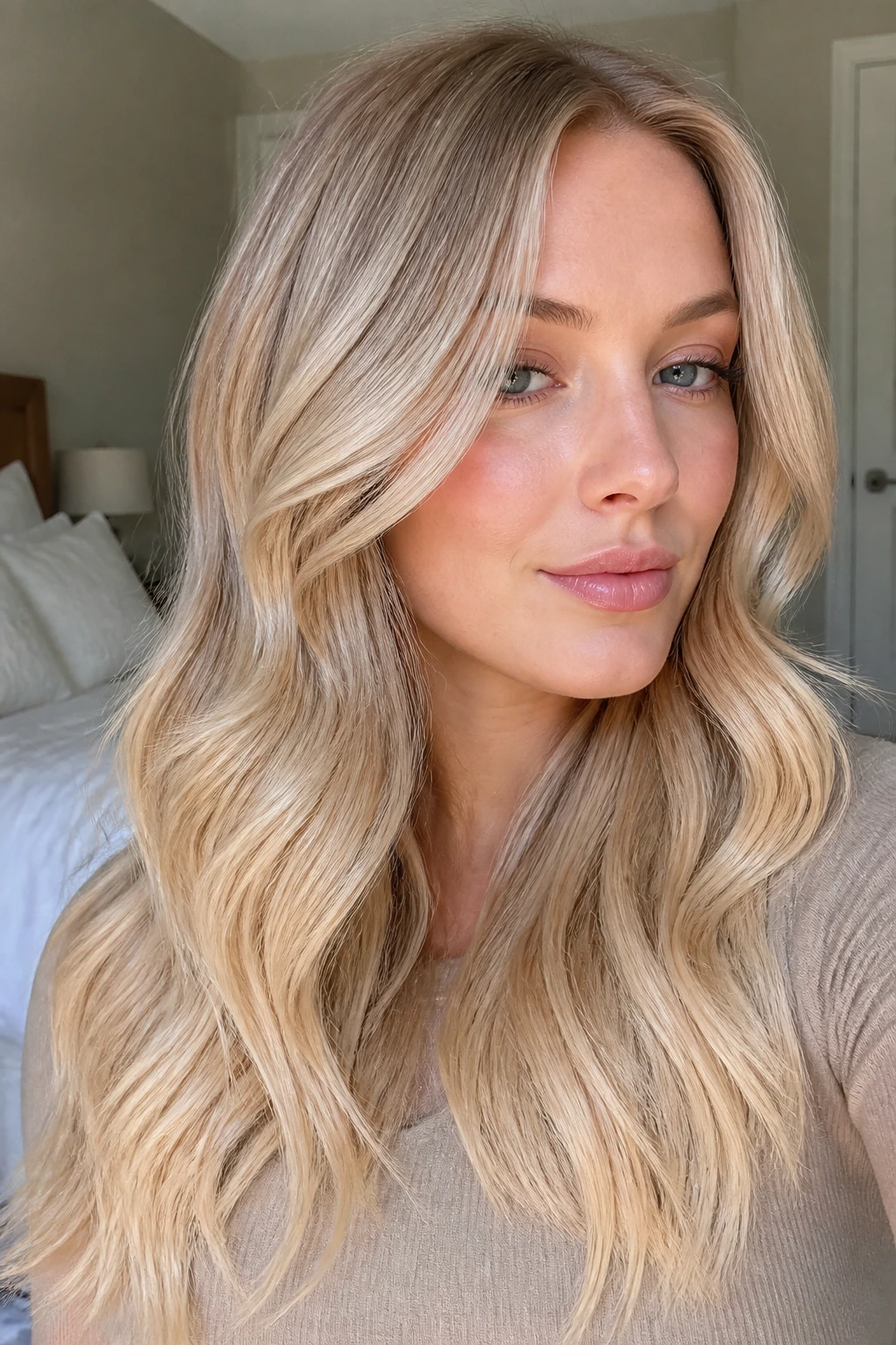 Close-up portrait of long, brushed-out waves with a beige-to-butter blonde fade on a real person