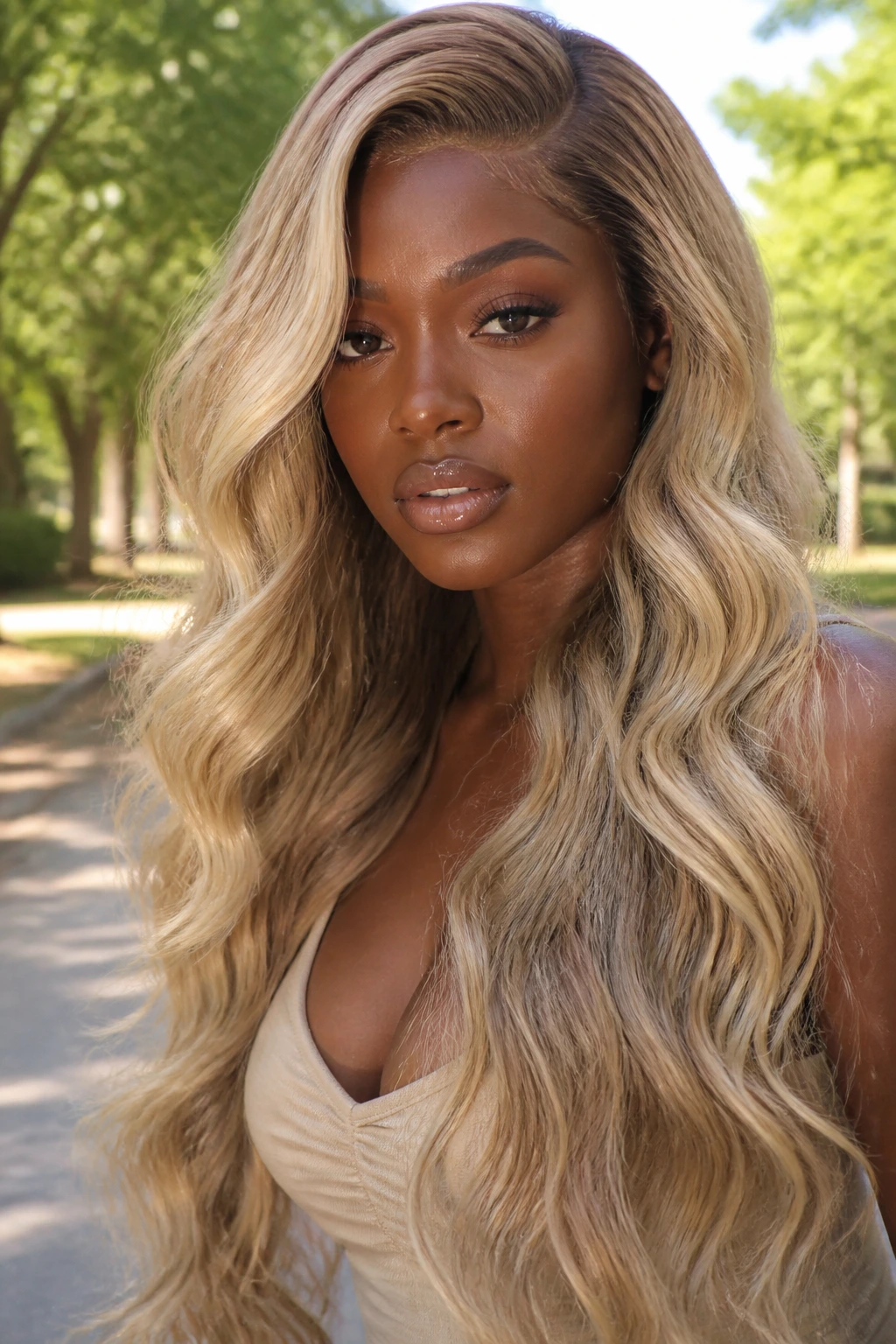 Portrait of a woman with beige blonde mermaid waves and a soft side part