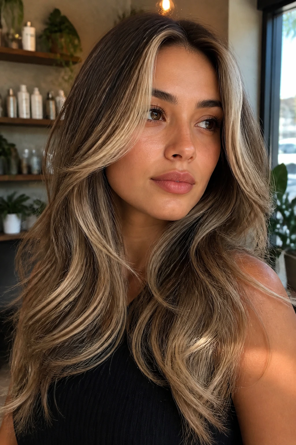 Close-up of a real woman with beige money pieces framing her face, olive skin